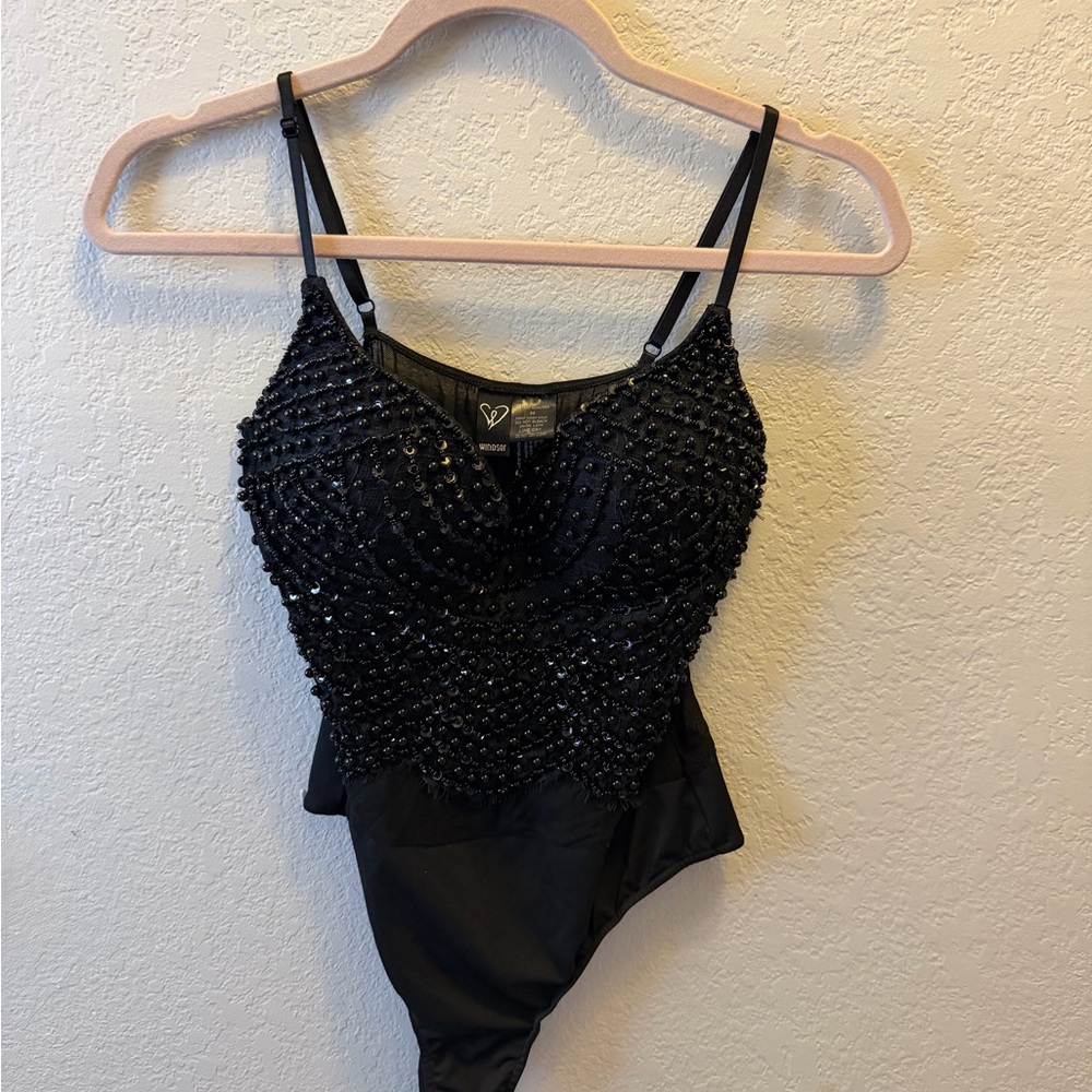 Windsor Black Beaded Bodysuit Medium Sequin Pearl Mesh Corset Style